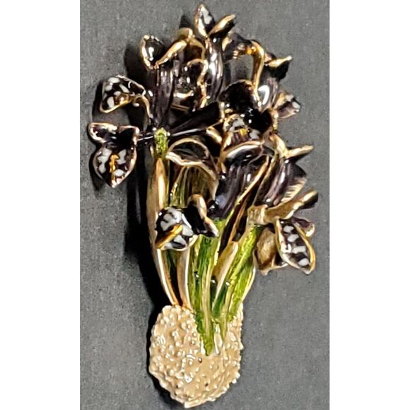 VTG Brooch Enamel Cloisonne Iris Flower Sign World Wide Imports MCM Blk/Grn Pin - Picture 2 of 14